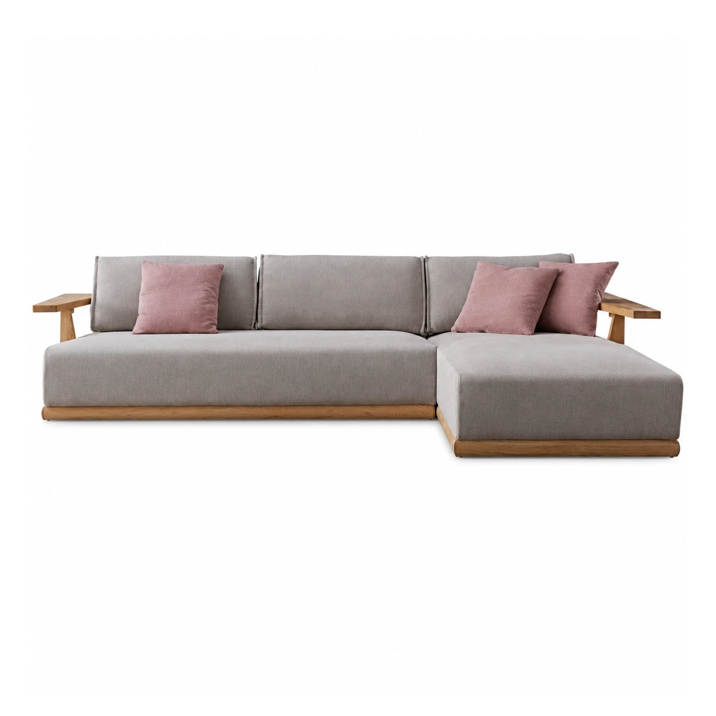 Grey Fabric Sectional Sofa with Wooden Base