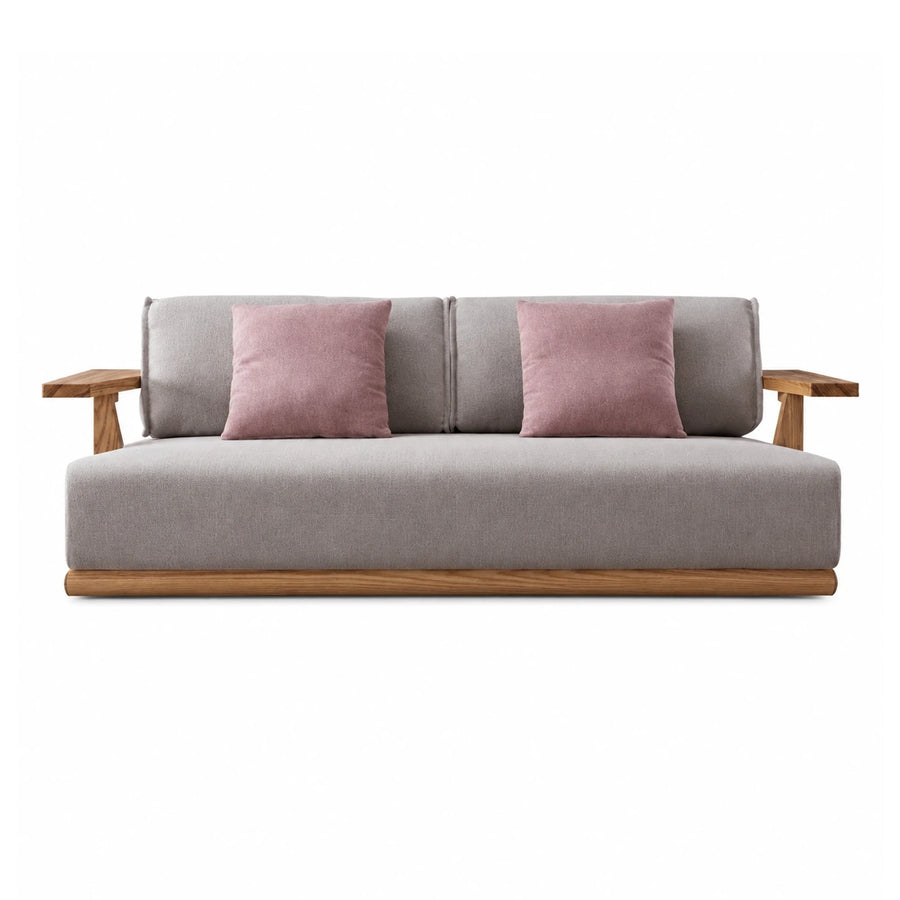 Grey Fabric Sofa with Wooden Side Tables