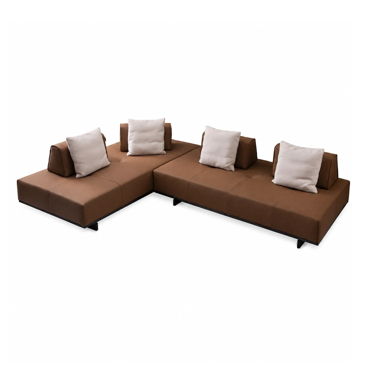 Brown Modular Sectional Sofa with Cream Pillows