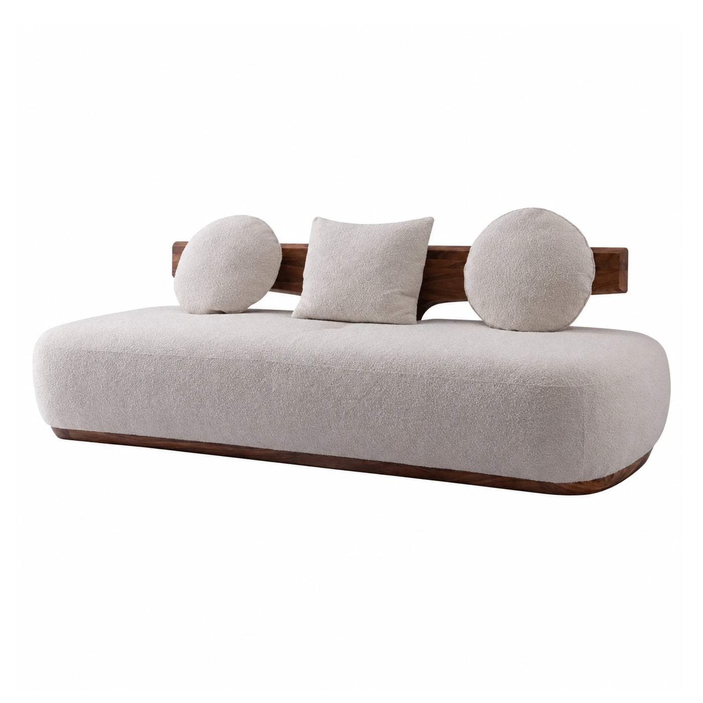 Cream Boucle Sofa with Walnut Wood Frame and Round Pillows