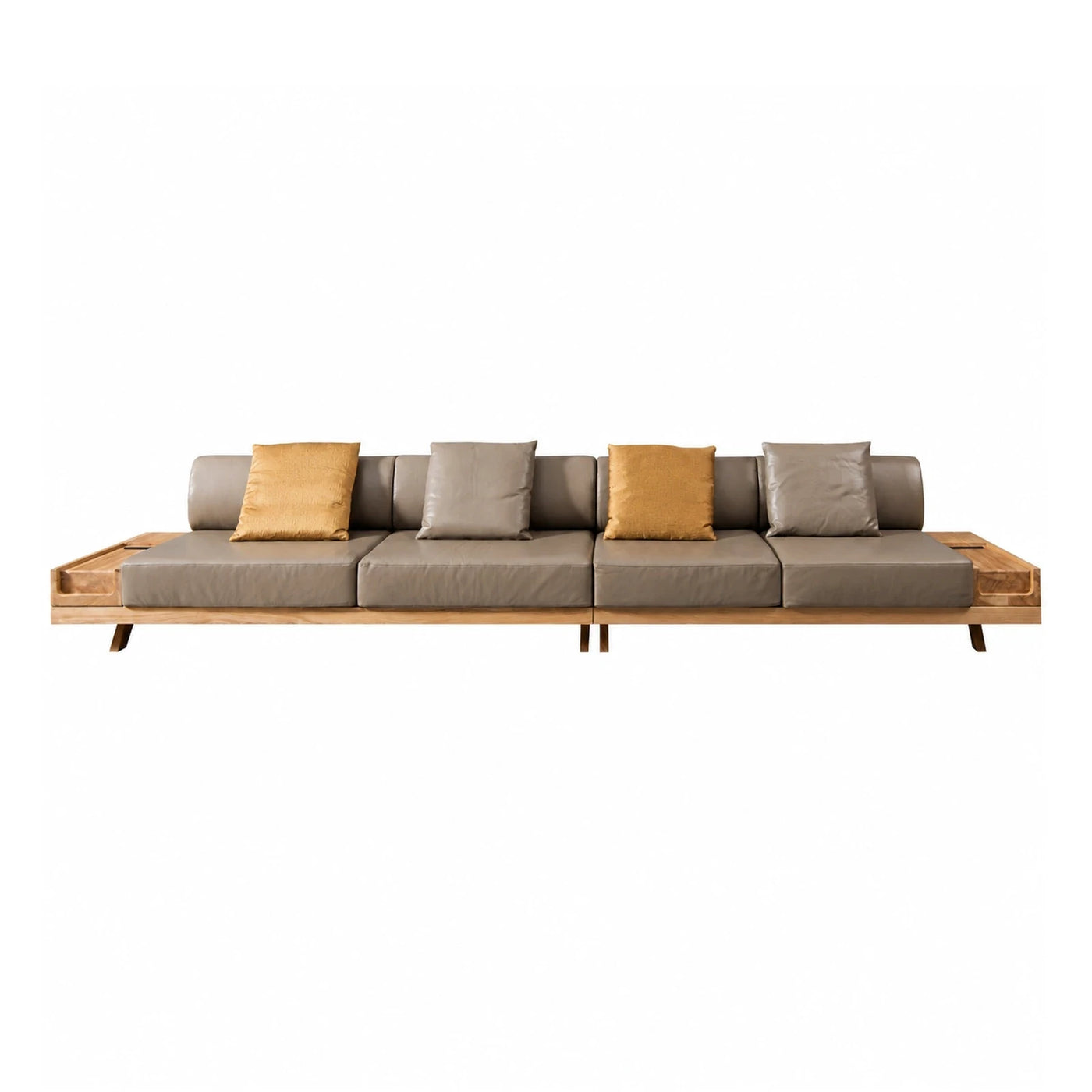 Modern Wood Frame Leather Sofa with Side Tables