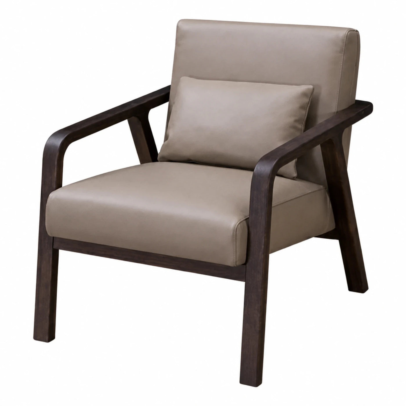 Modern Beige Leather Armchair with Dark Wood Frame