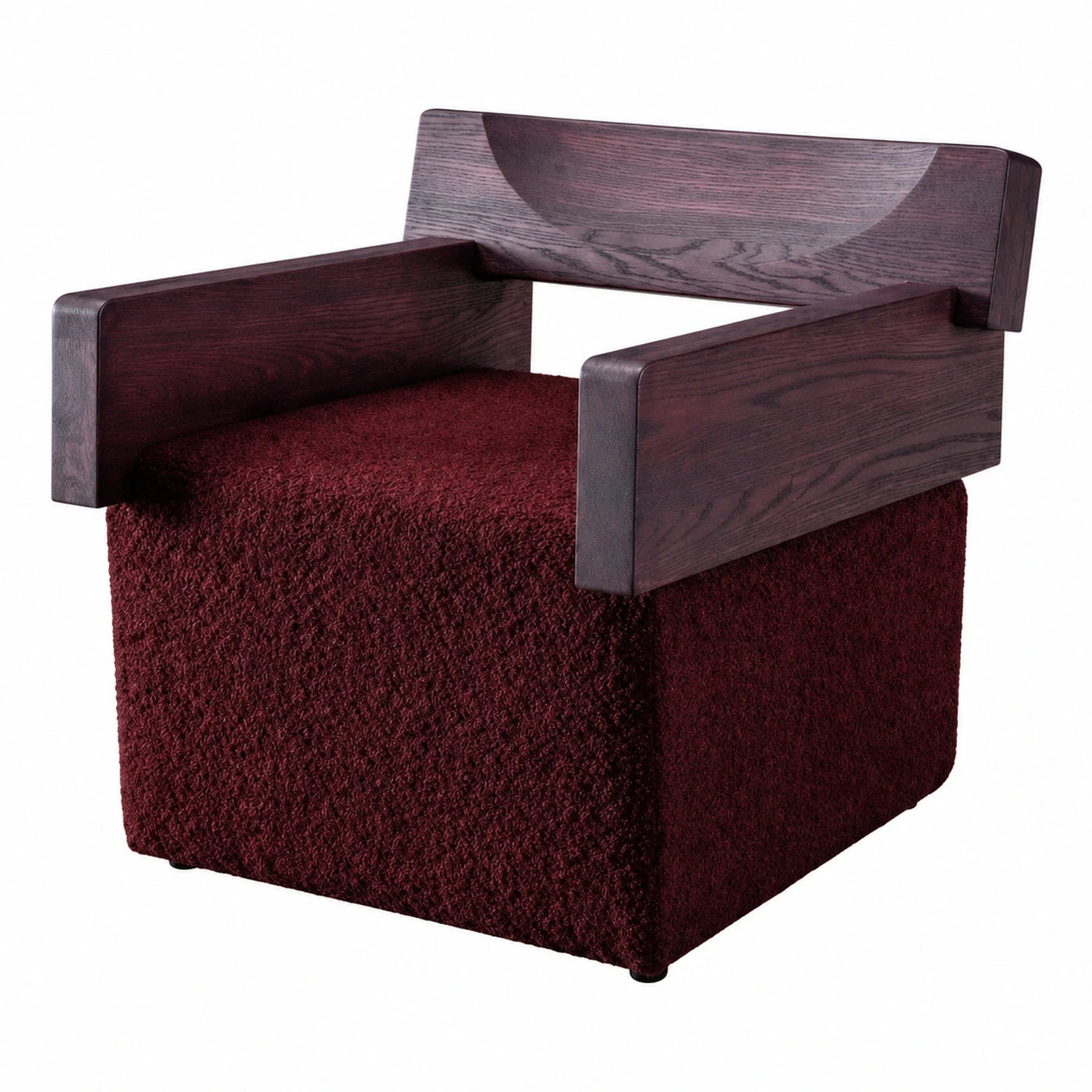 Dark Wood Frame Boucle Armchair in Deep Red