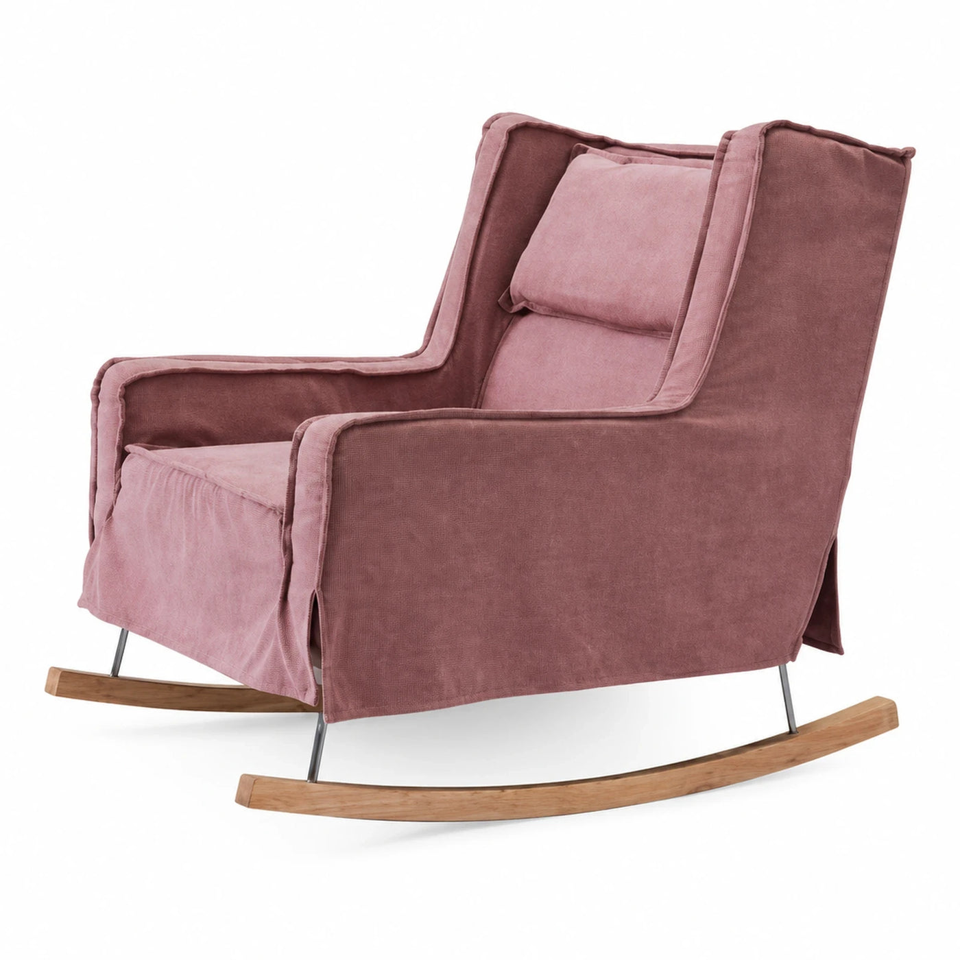 Pink Velvet Upholstered Rocking Chair with Wooden Base