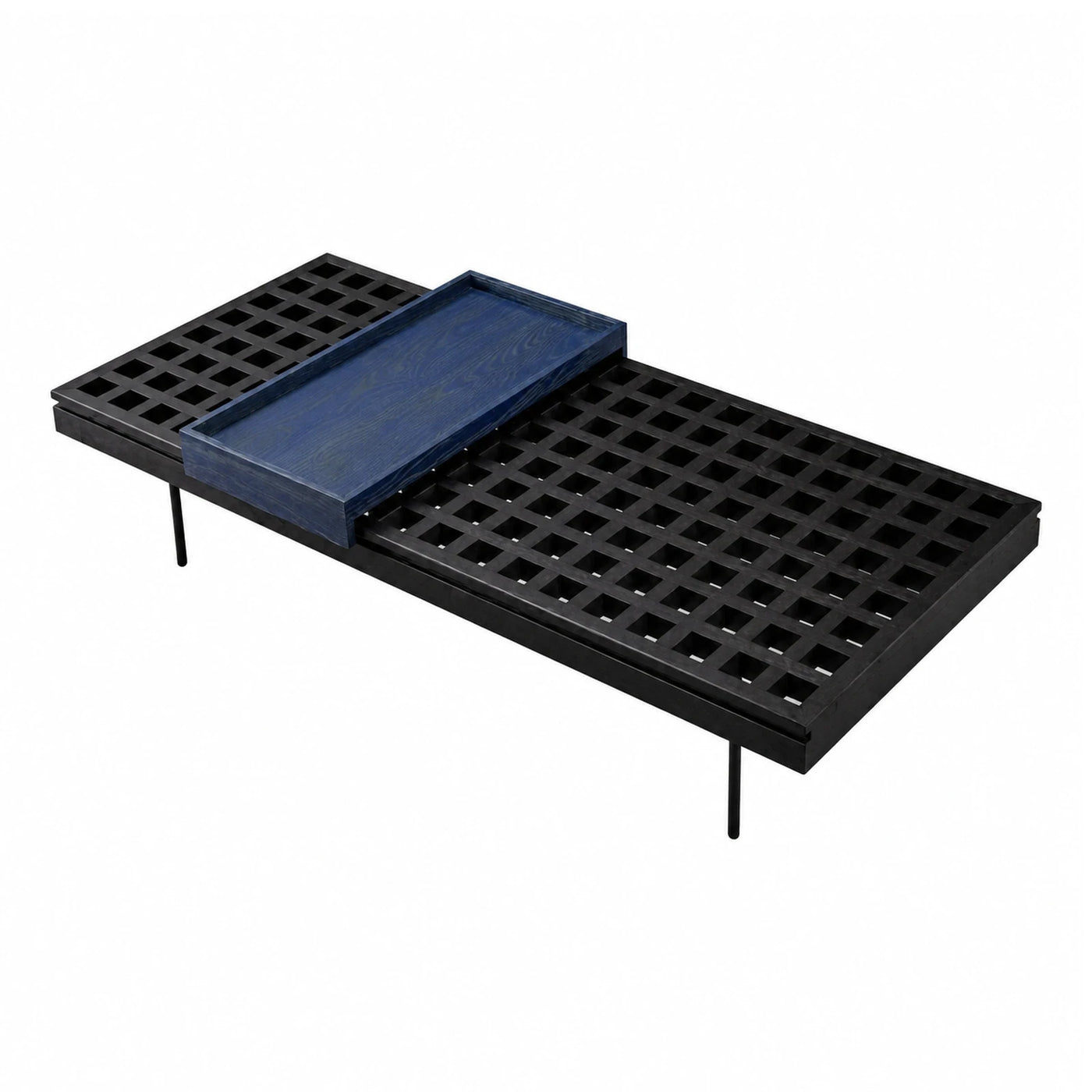 Black Grid Coffee Table with Blue Tray