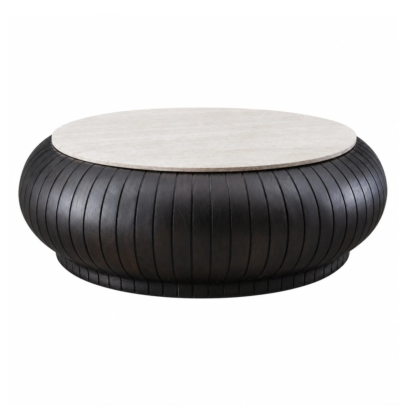 Round Coffee Table with Fluted Wood Base and Stone Top