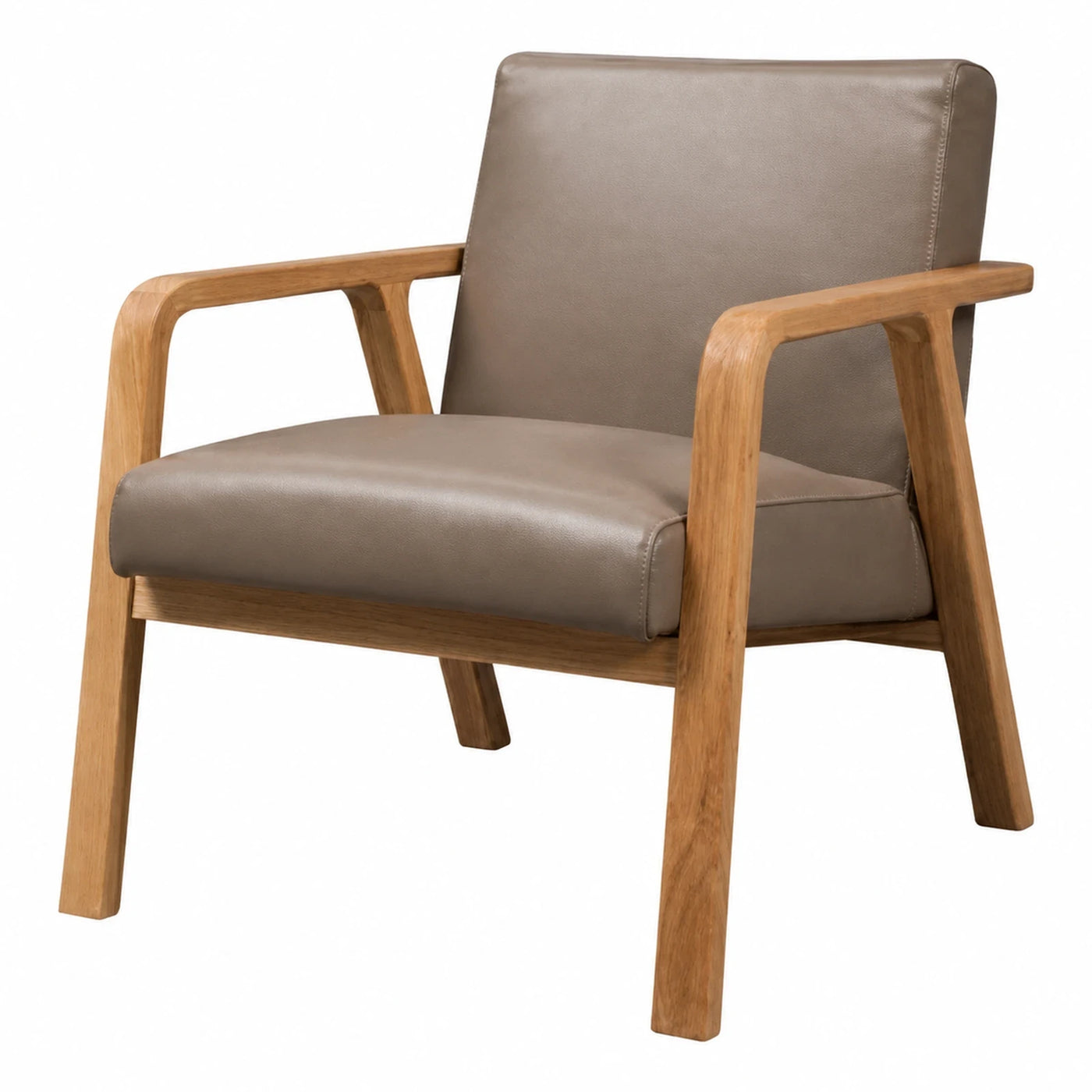 Modern Wooden Armchair with Taupe Leather Upholstery