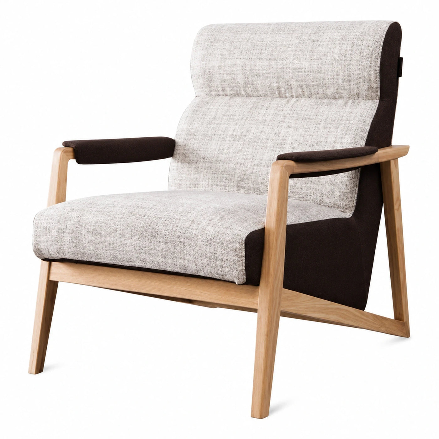 Light Oak Wood Frame Armchair with Beige Fabric and Dark Brown Accents