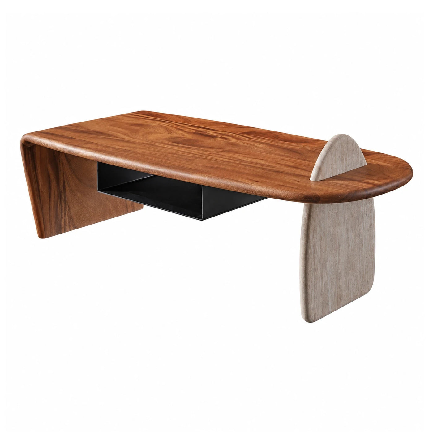Walnut Wood Coffee Table with Stone Leg and Black Storage