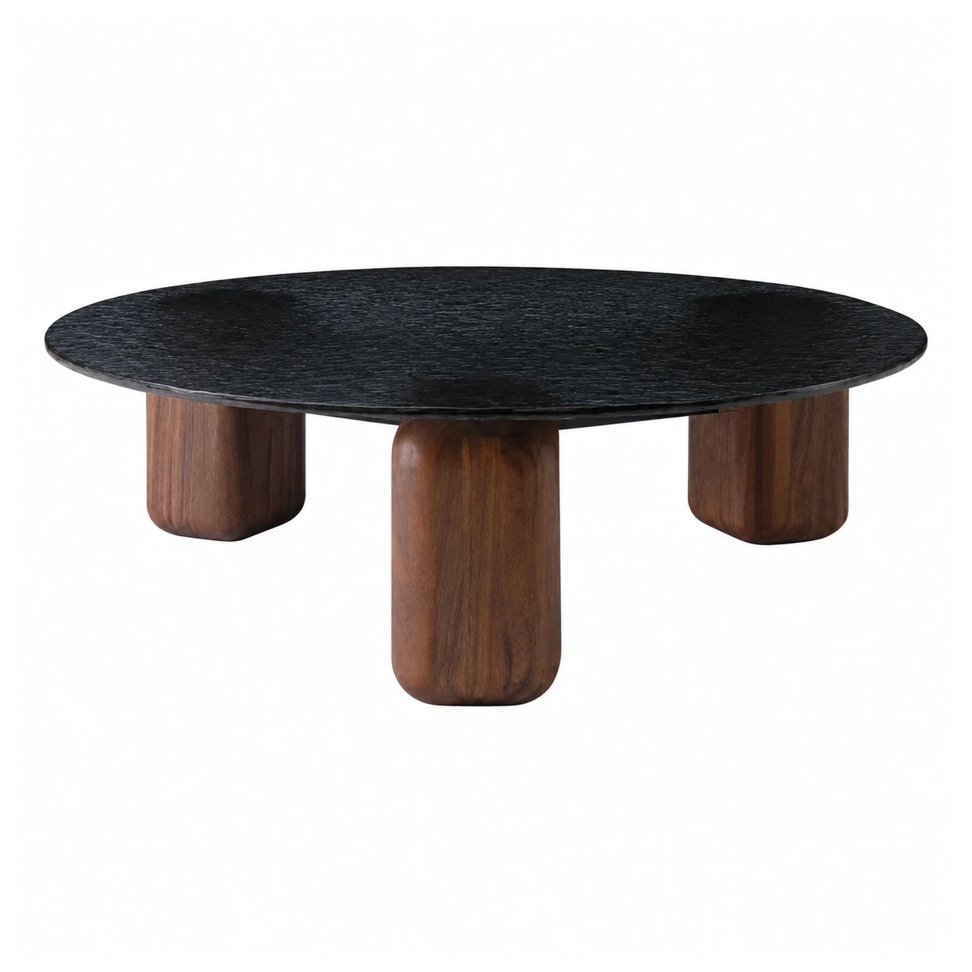 Round Black Stone Coffee Table with Wood Legs