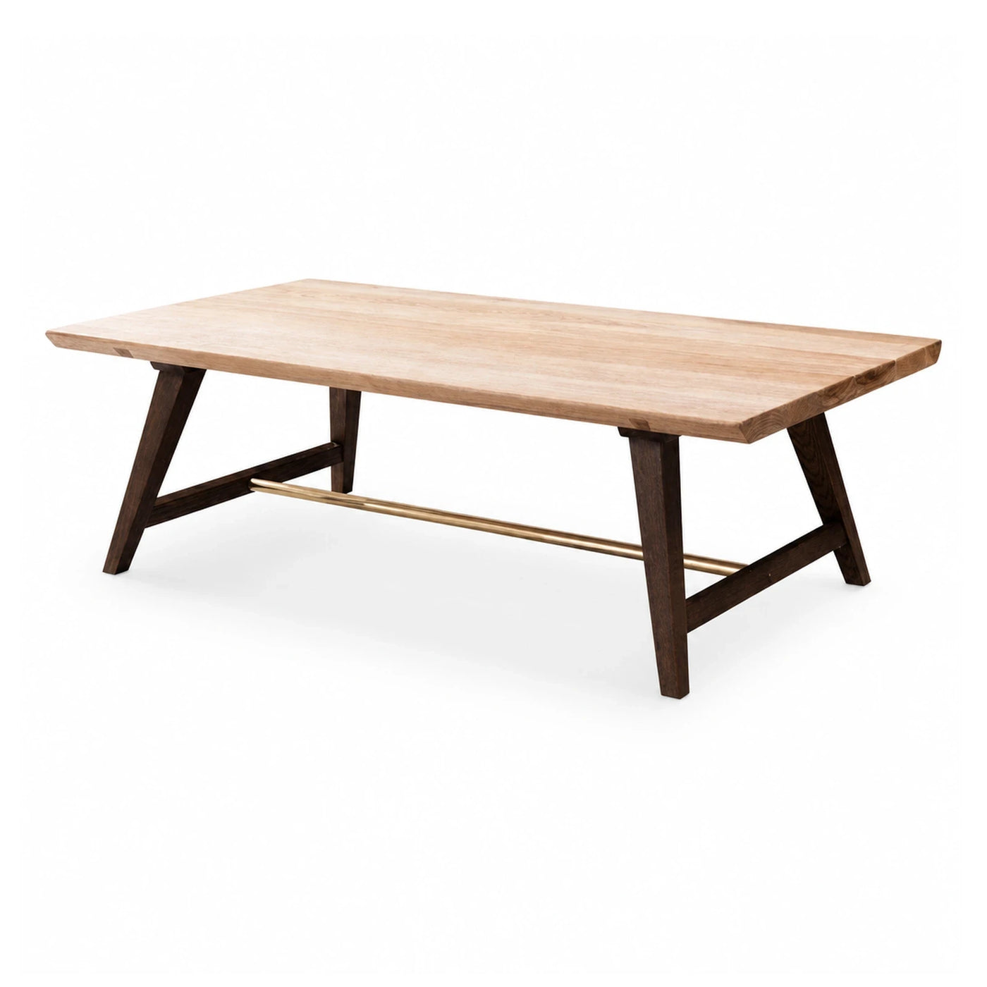 Light Wood Coffee Table with Dark Legs and Brass Bar