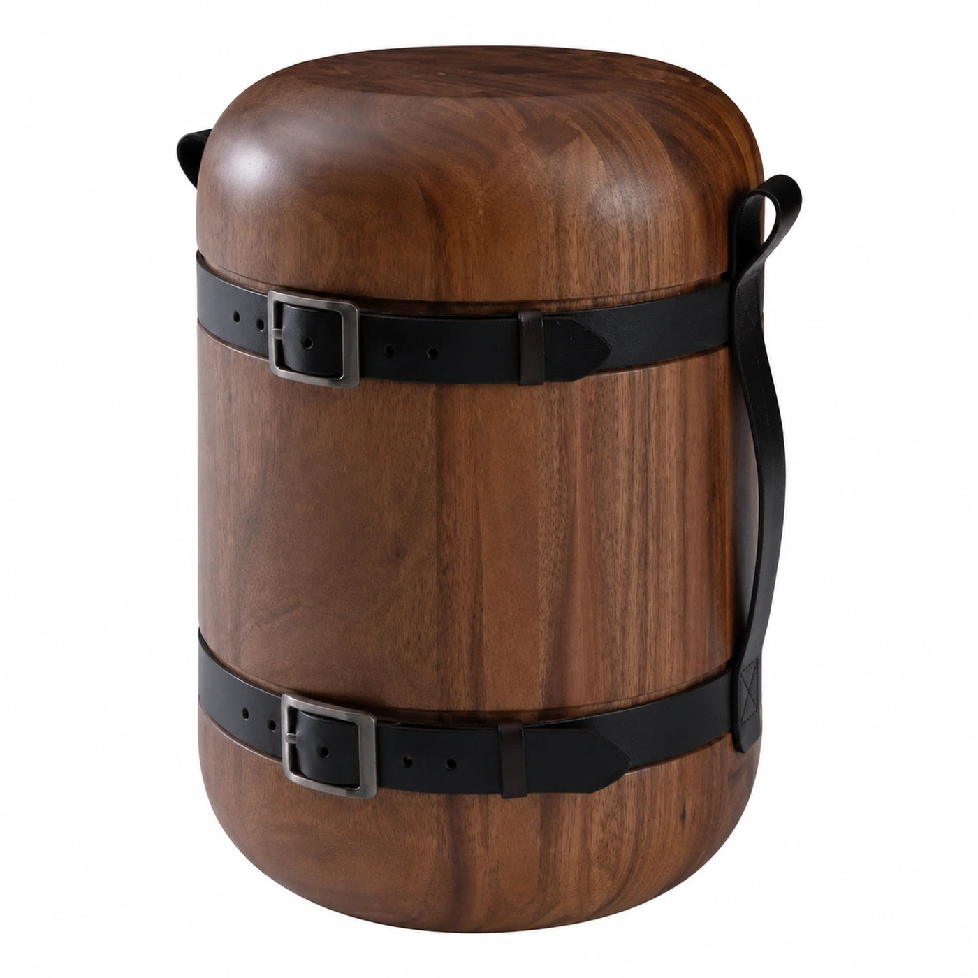 Round Wooden Stool with Black Leather Belts