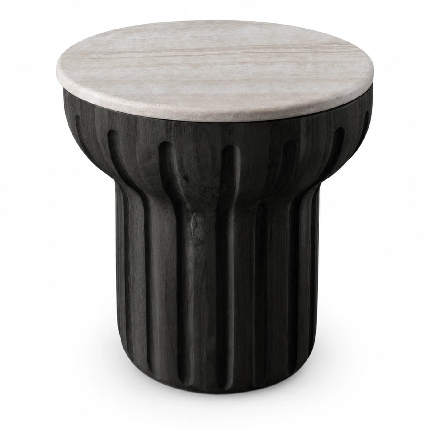 Black Fluted Wood Side Table with Stone Top