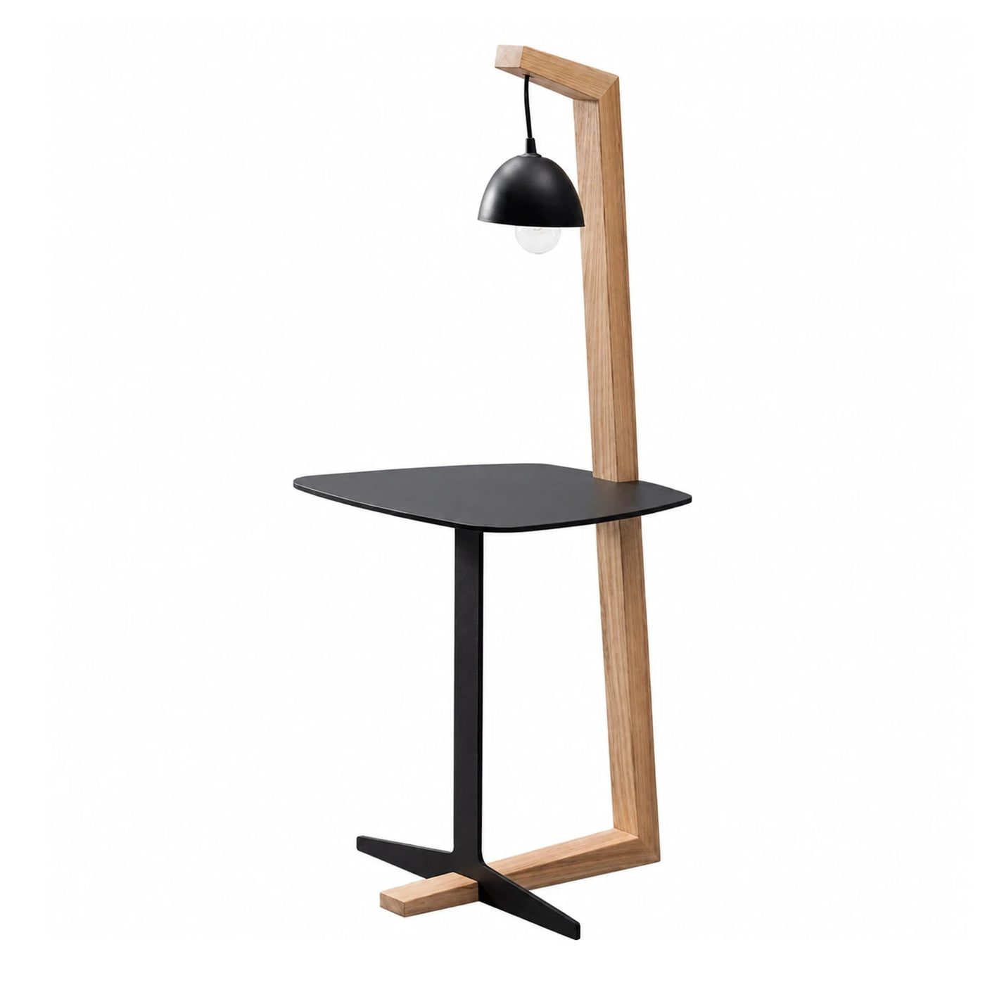 Black and Wood Side Table with Integrated Lamp