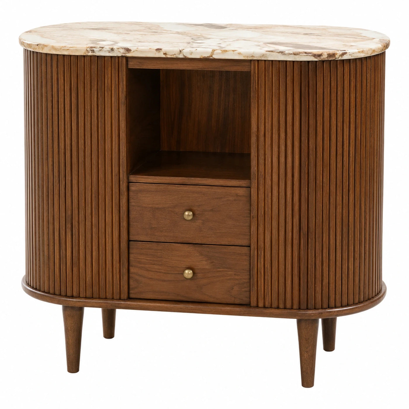 Walnut Wood Sideboard with Marble Top and Fluted Doors