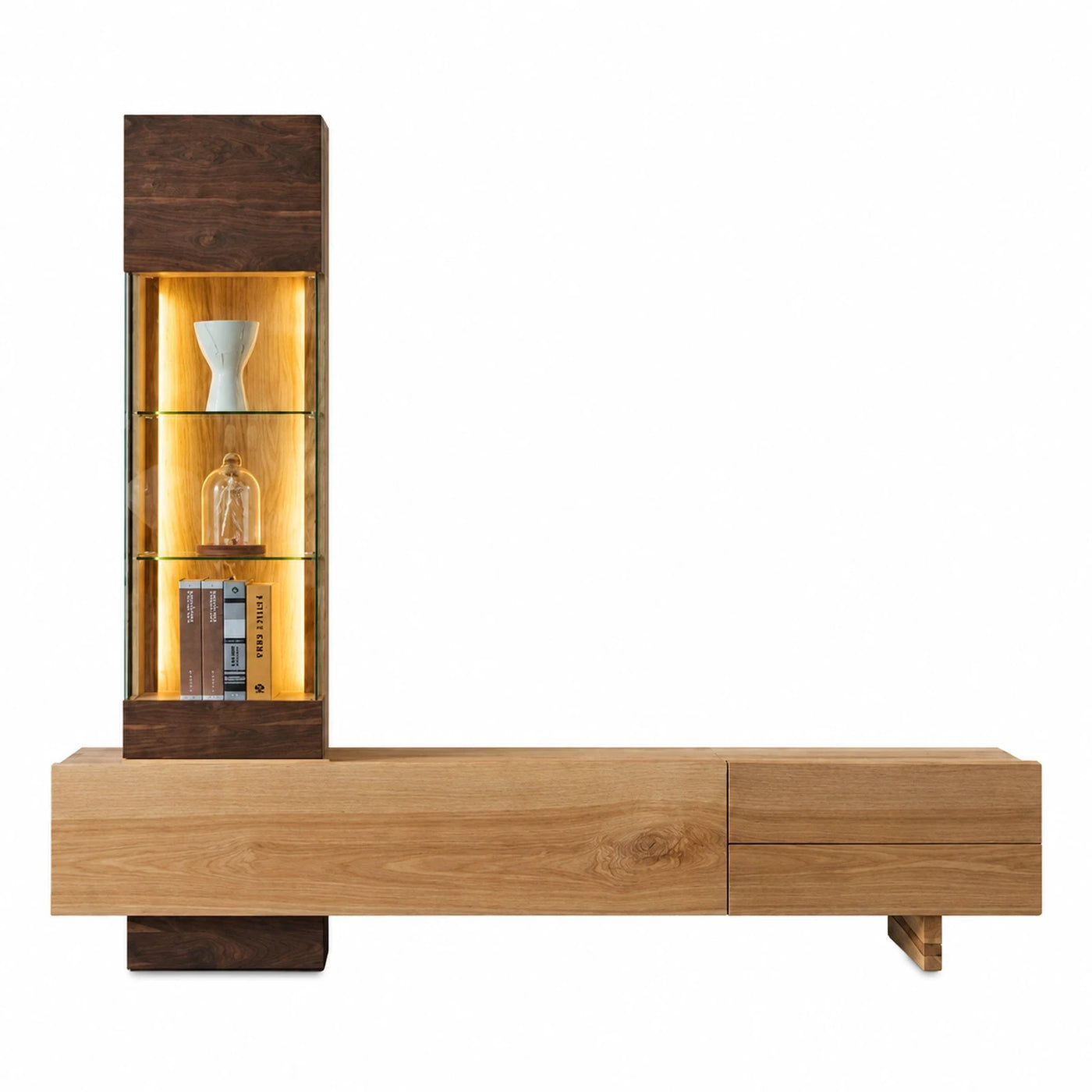 Modern Two-Tone Wood Media Console with Glass Display Cabinet