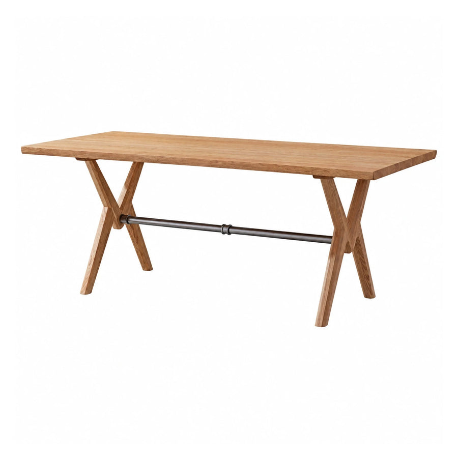 Wooden Dining Table with X-Base and Metal Crossbar