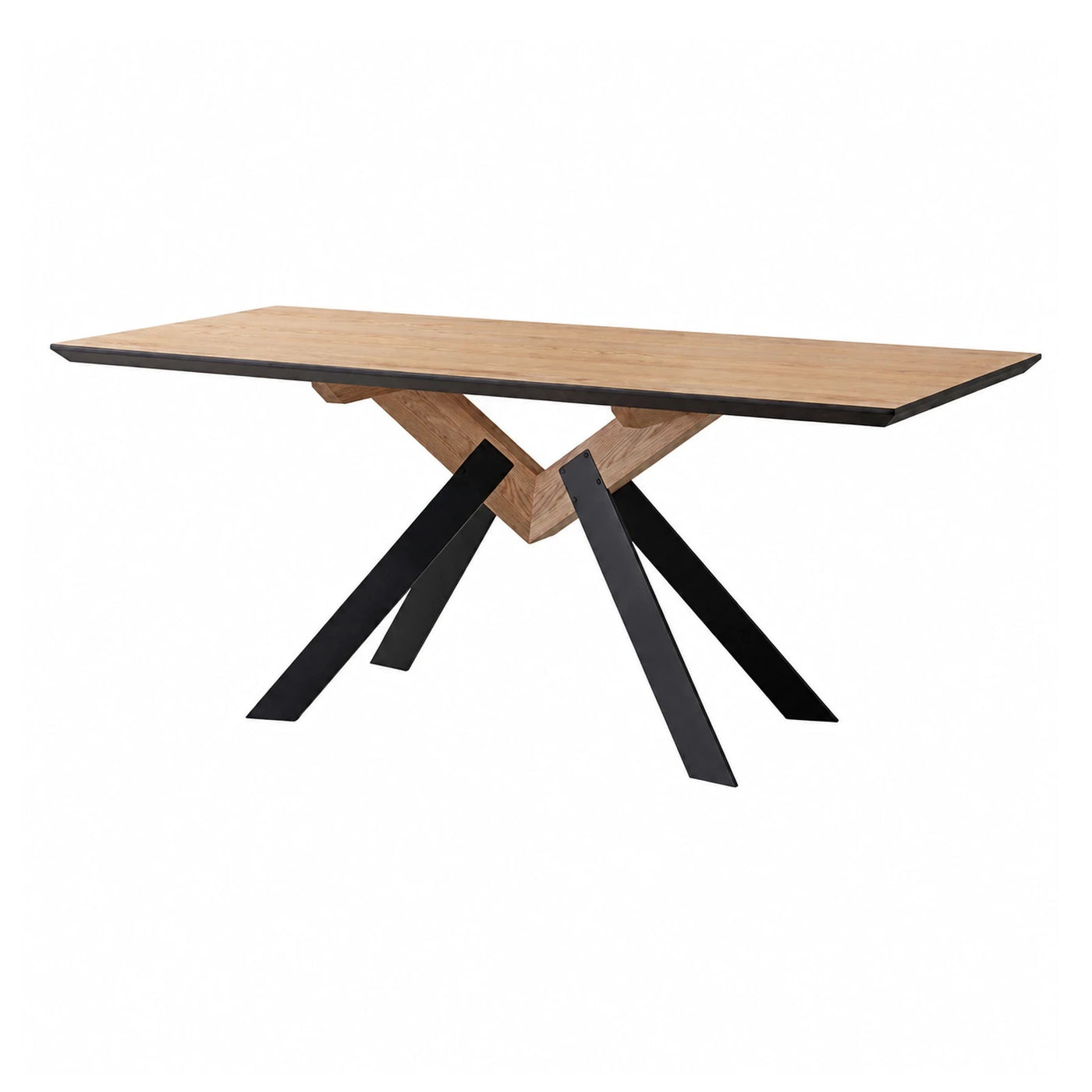Light Oak Wood Dining Table with Black Metal X-Base