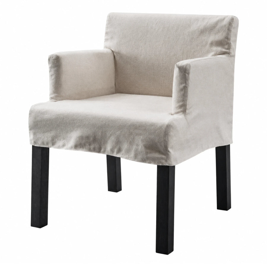 Beige Fabric Armchair with Dark Wood Legs