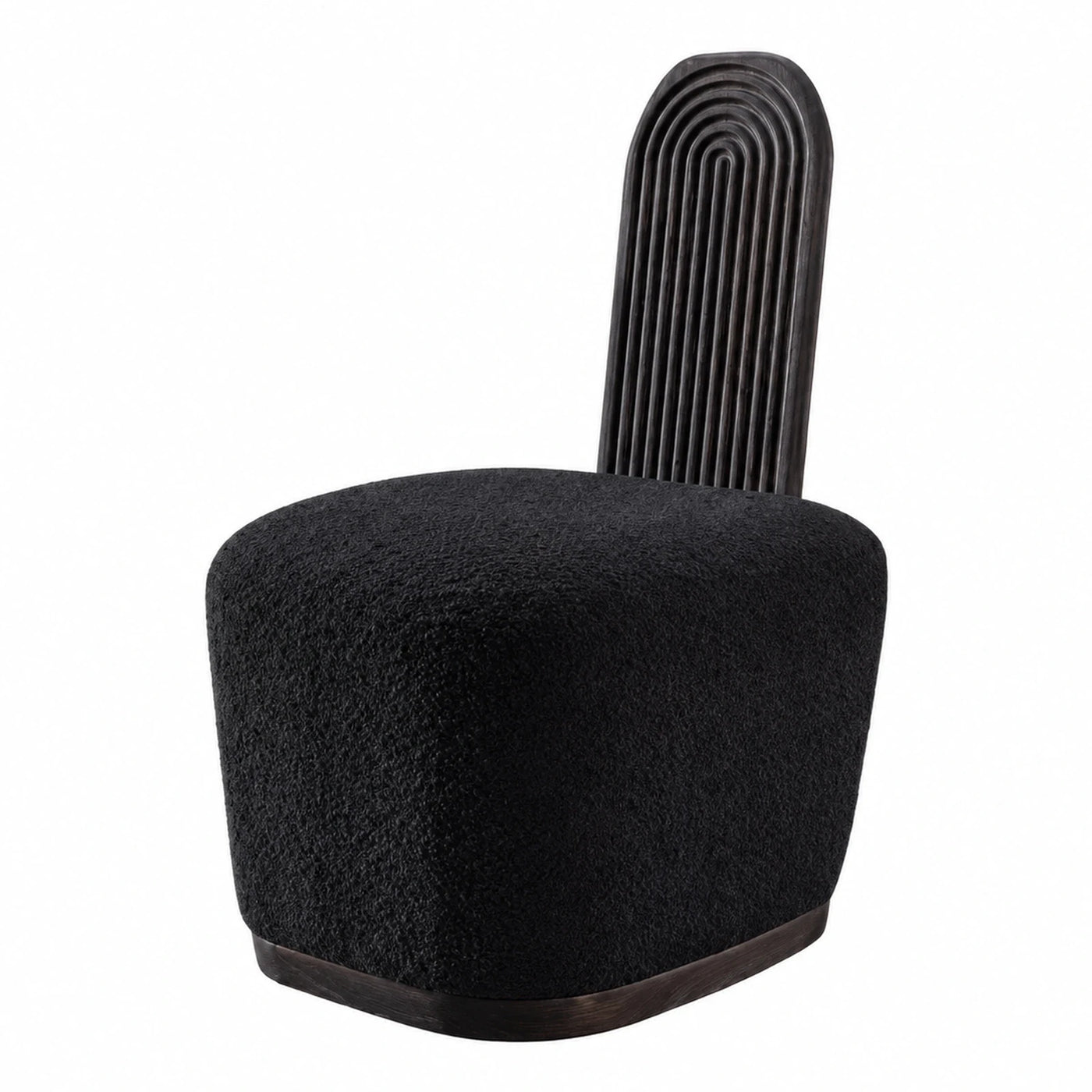 Black Boucle Lounge Chair with Fluted Wood Back