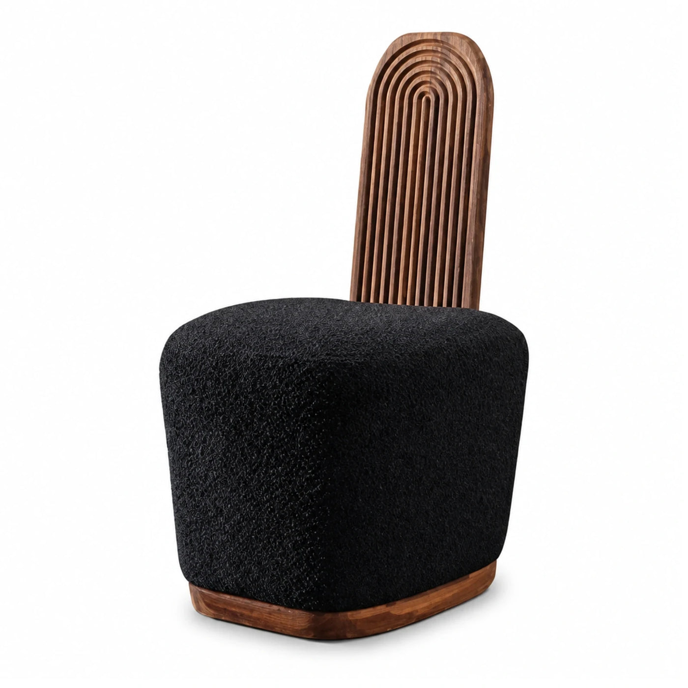Black Boucle Chair with Curved Fluted Wood Back