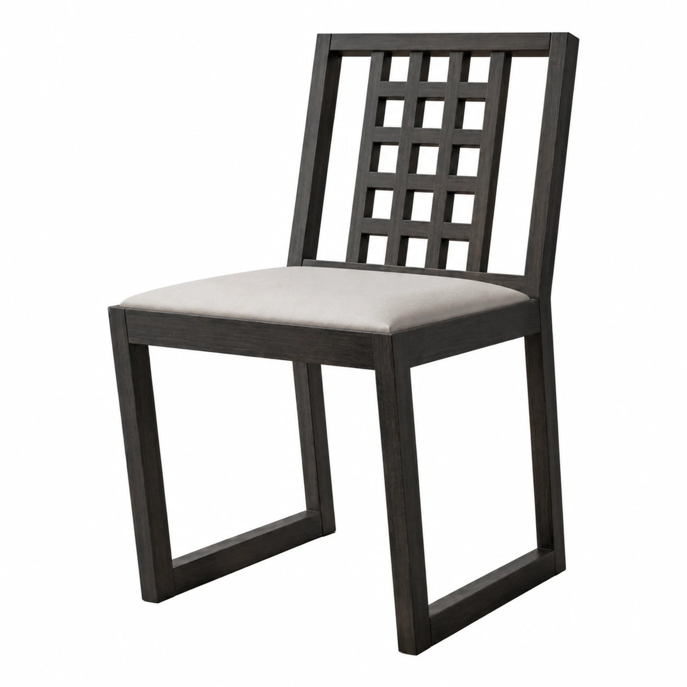 Dark Wood Dining Chair with Lattice Back and Beige Seat