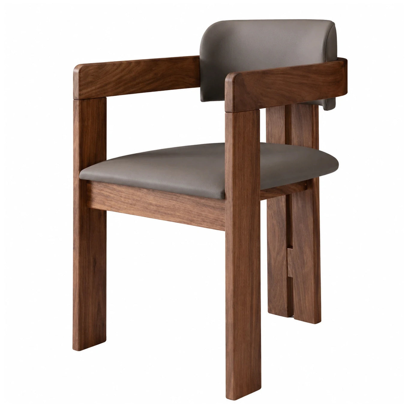 Walnut Wood Armchair with Grey Leather Seat