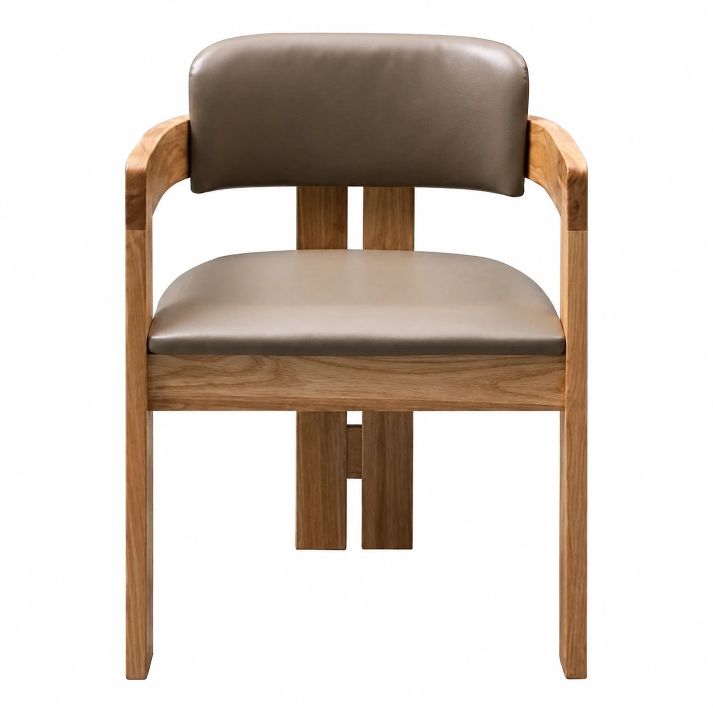 Oak Wood Armchair with Taupe Leather Upholstery