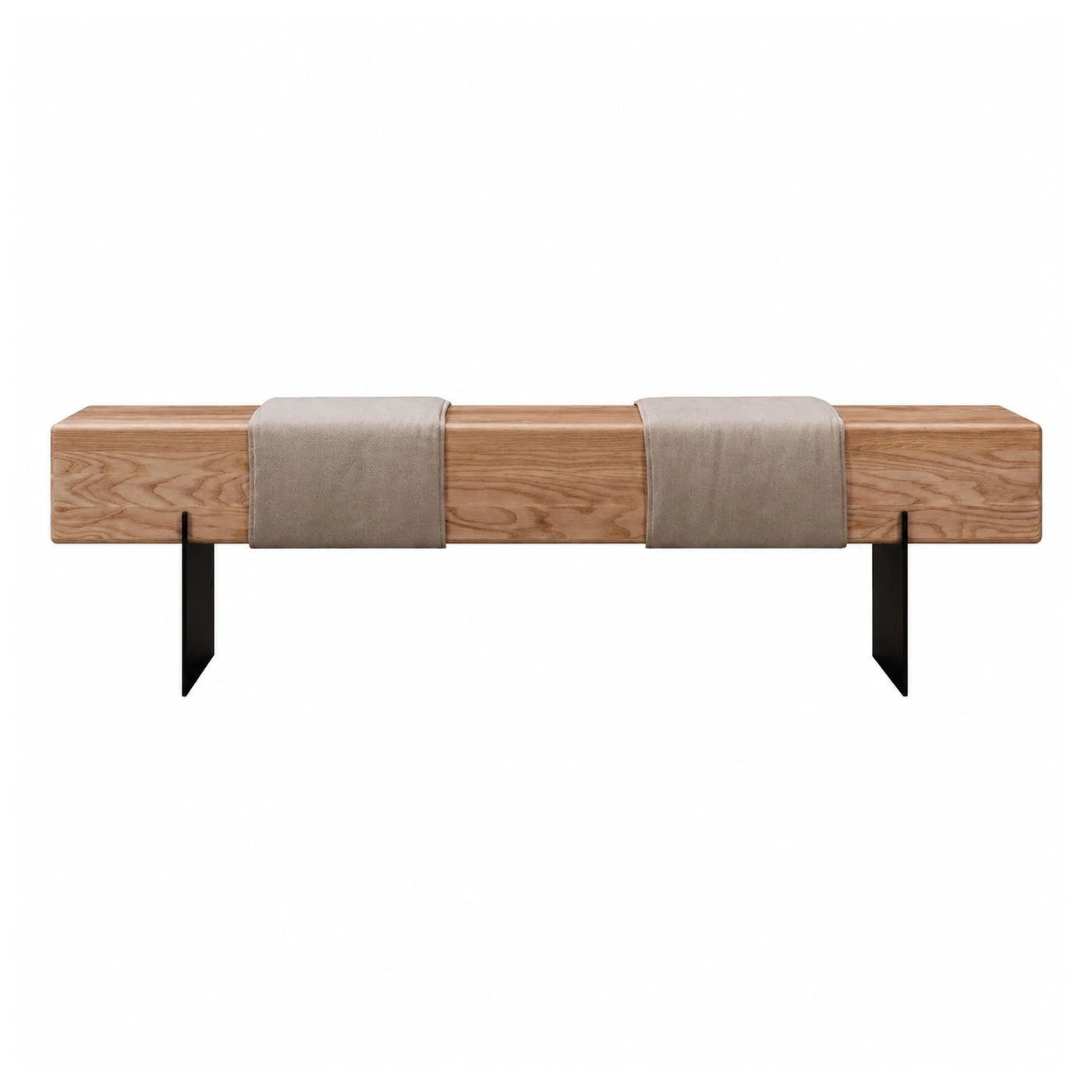 Wooden Bench with Beige Cushions and Black Metal Legs