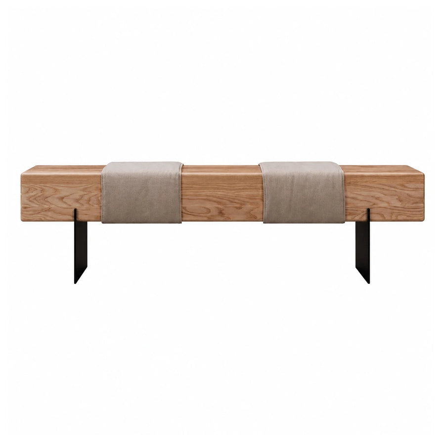 Wooden Bench with Beige Cushions and Black Metal Legs