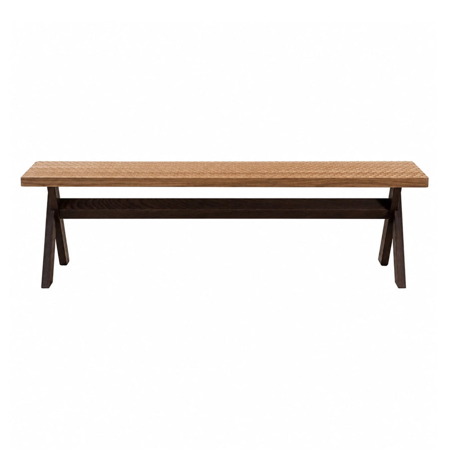 Woven Rattan Top Wooden Bench with Dark Legs