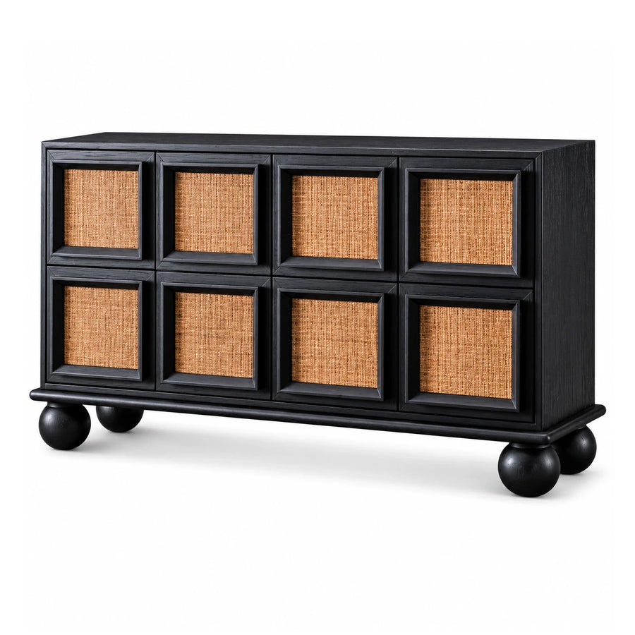 Black Wood Sideboard with Rattan Doors and Ball Feet