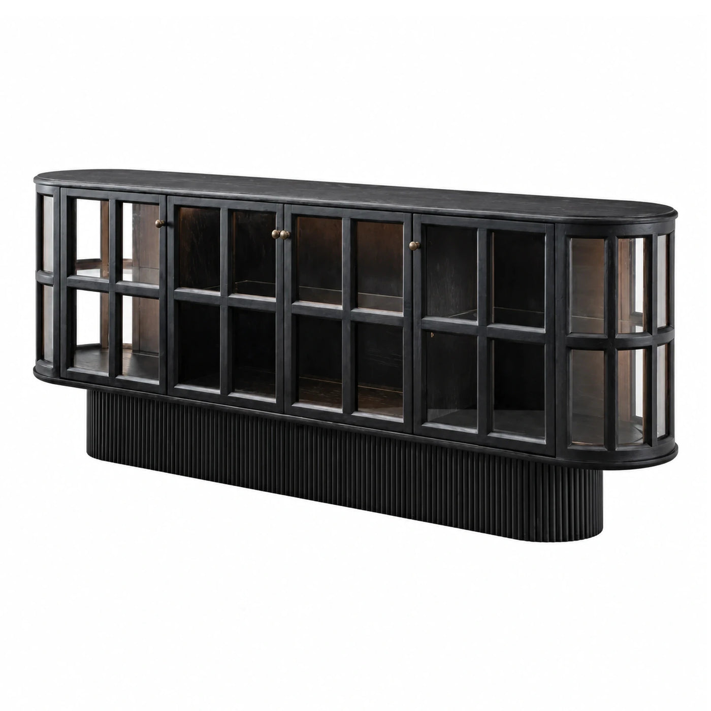 Black Curved Glass Display Cabinet with Fluted Base