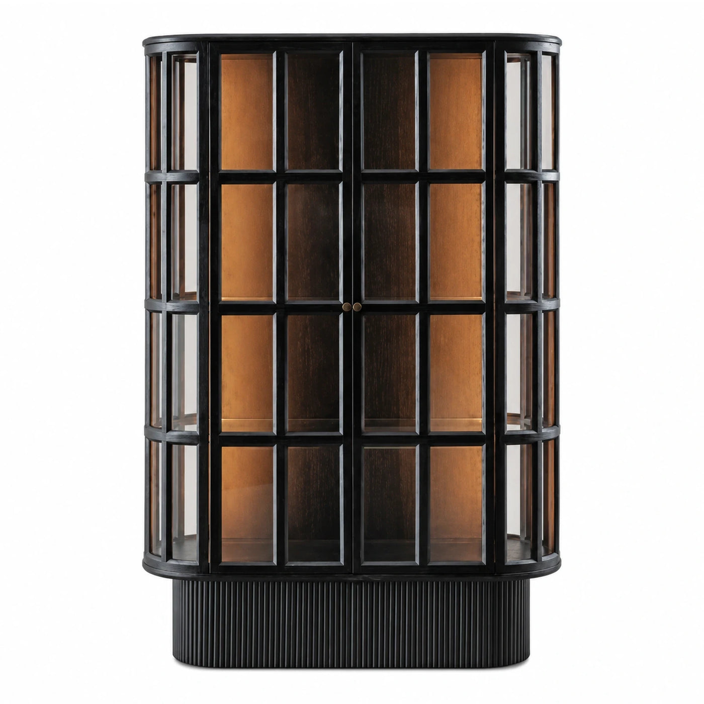 Curved Black Glass Display Cabinet with Fluted Base
