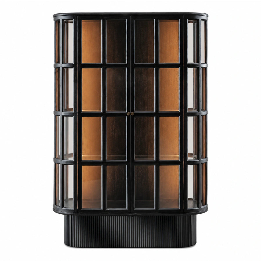 Curved Black Glass Display Cabinet with Fluted Base