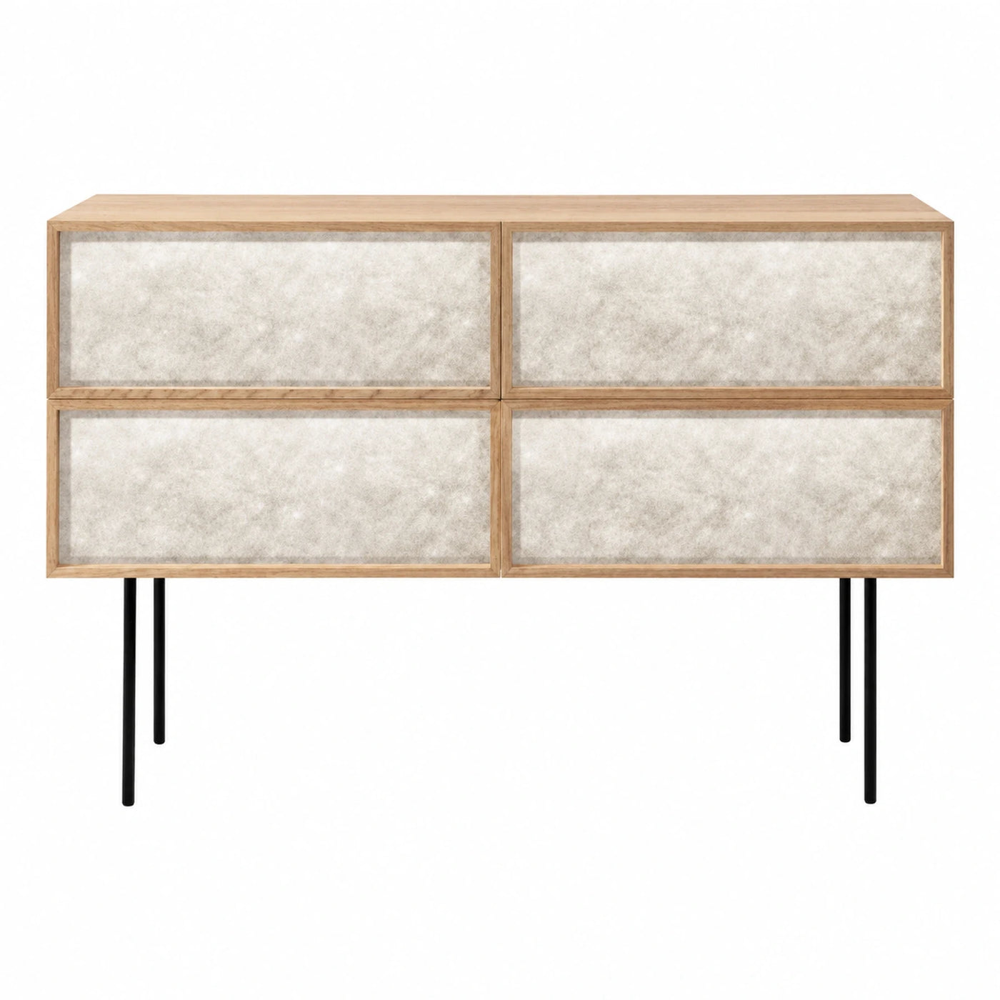 Light Wood Sideboard with Textured Cream Panels and Black Metal Legs