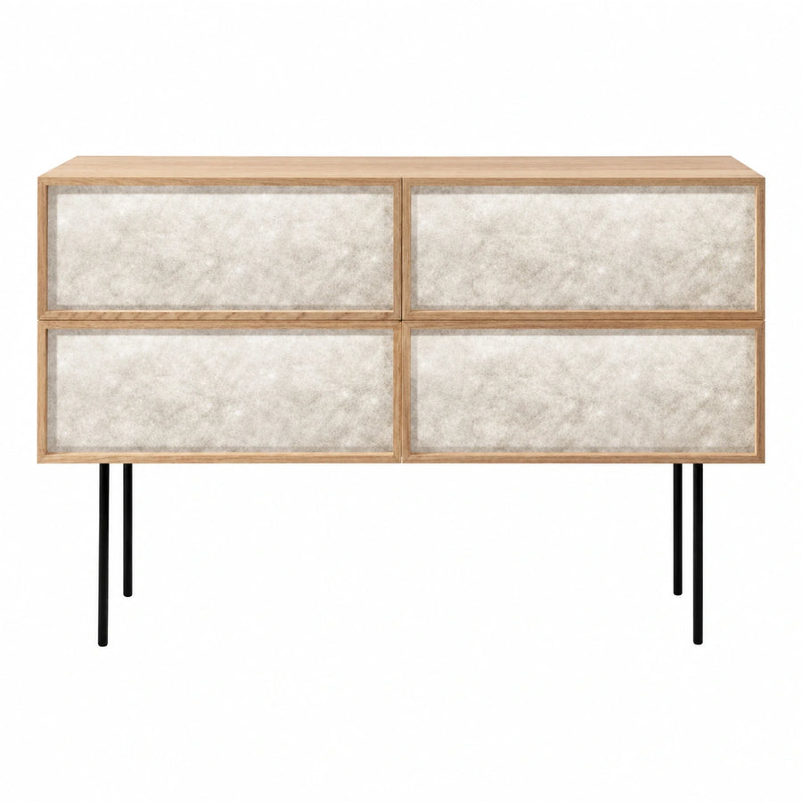 Light Wood Sideboard with Textured Cream Panels and Black Metal Legs