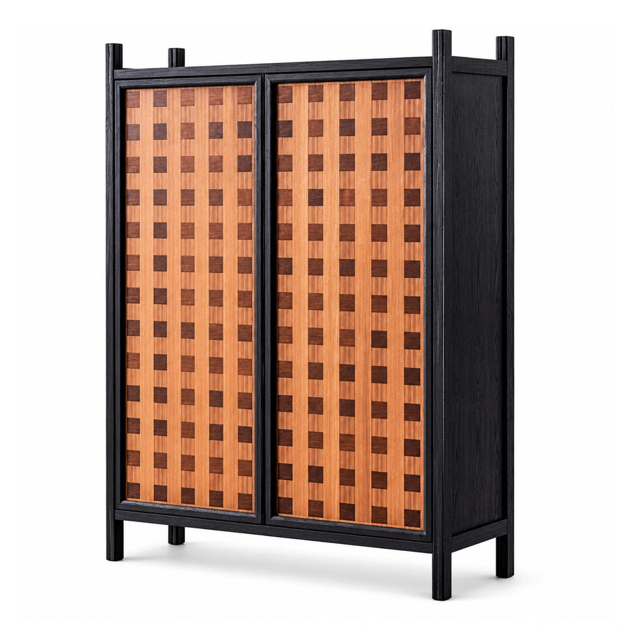 Black Wood Cabinet with Woven Pattern Doors