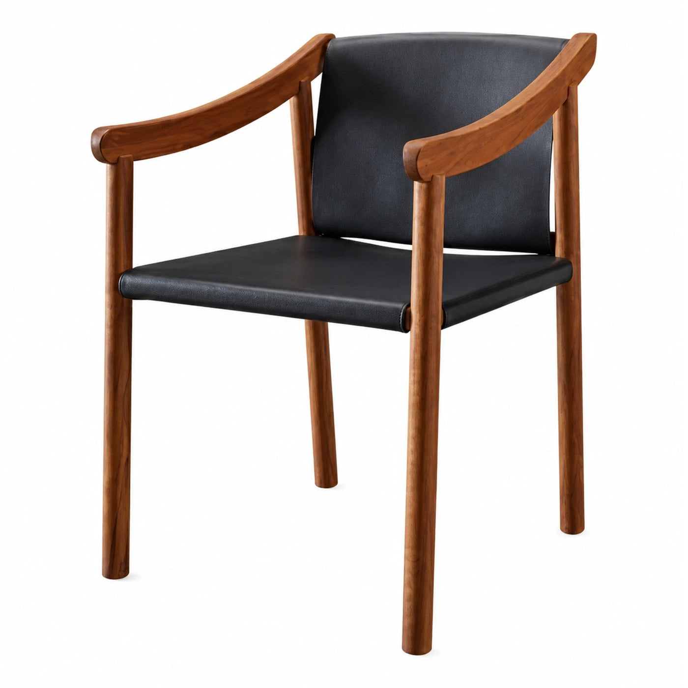 Black Leather Armchair with Walnut Wood Frame