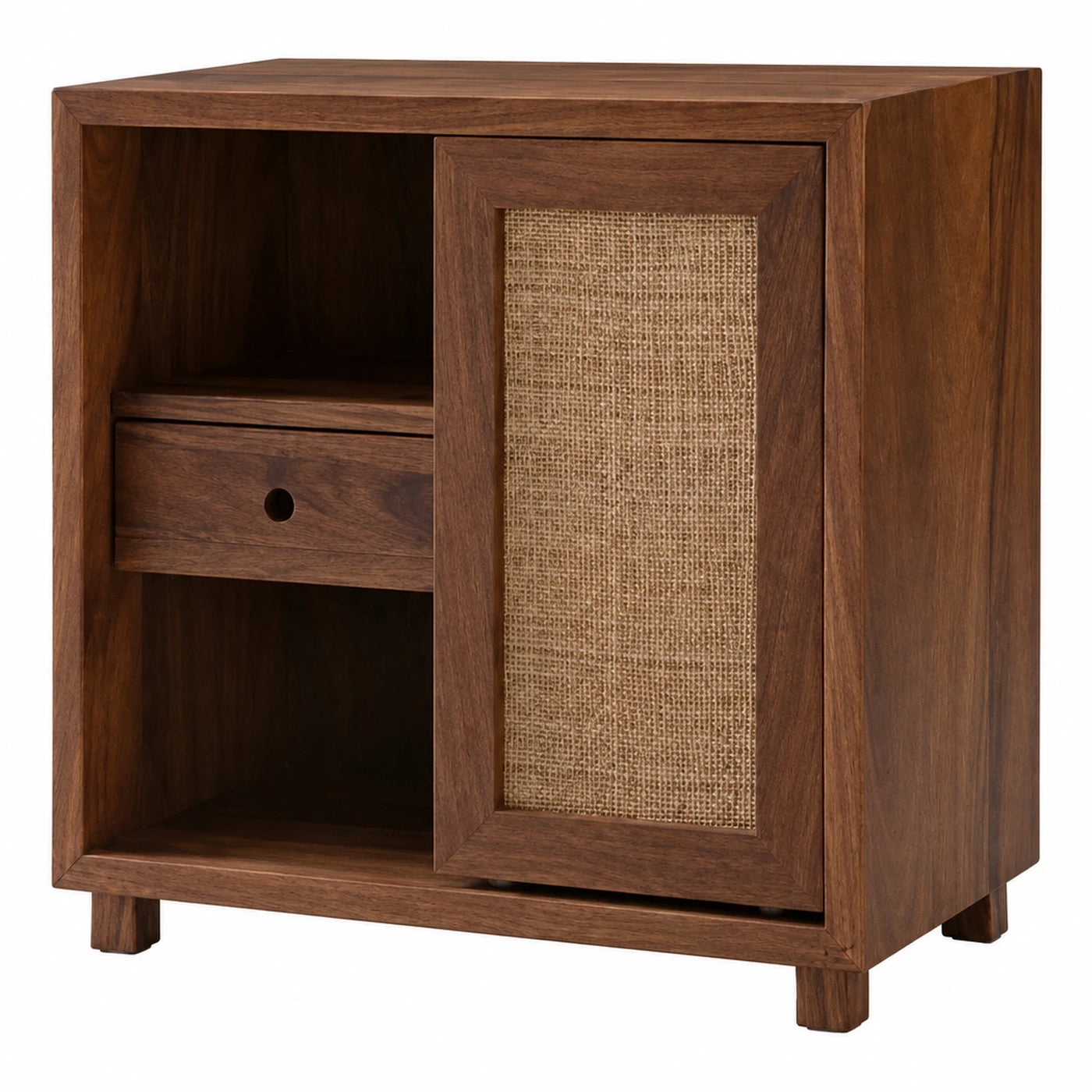 Wooden Nightstand with Rattan Door and Drawer