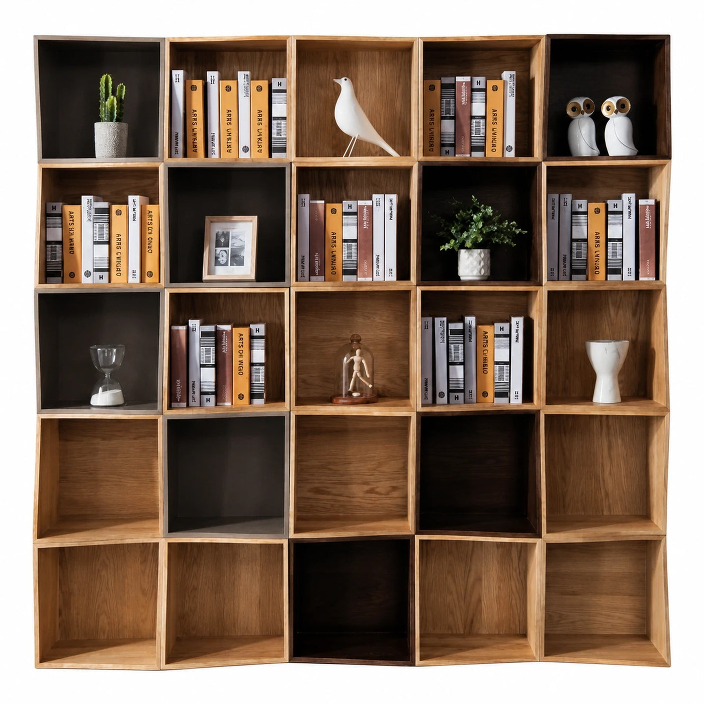 Modular Wooden Bookcase with Mixed Finish Cubby Shelves