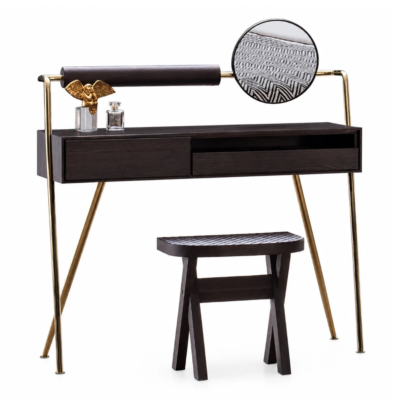 Dark Wood Makeup Vanity with Gold Metal Legs