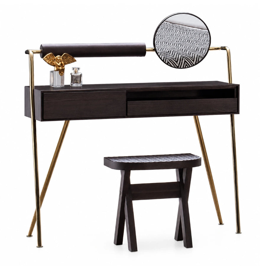 Dark Wood Makeup Vanity with Gold Metal Legs