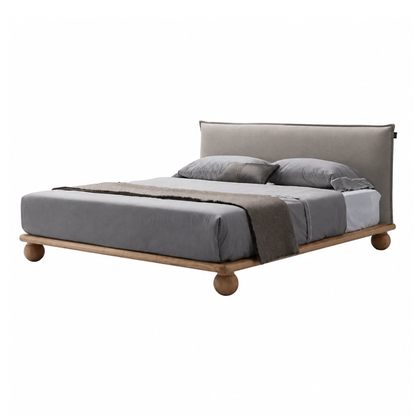 Grey Upholstered Platform Bed with Wooden Base