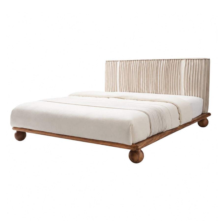 Cream Pleated Upholstered Bed with Wooden Base