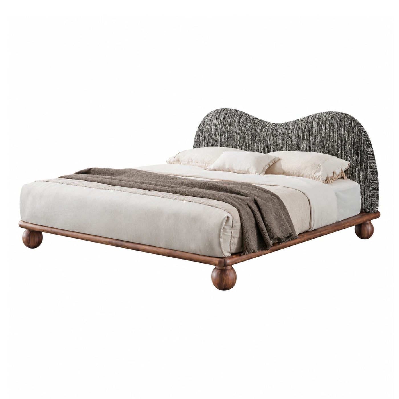 Wavy Upholstered Bed with Wooden Base