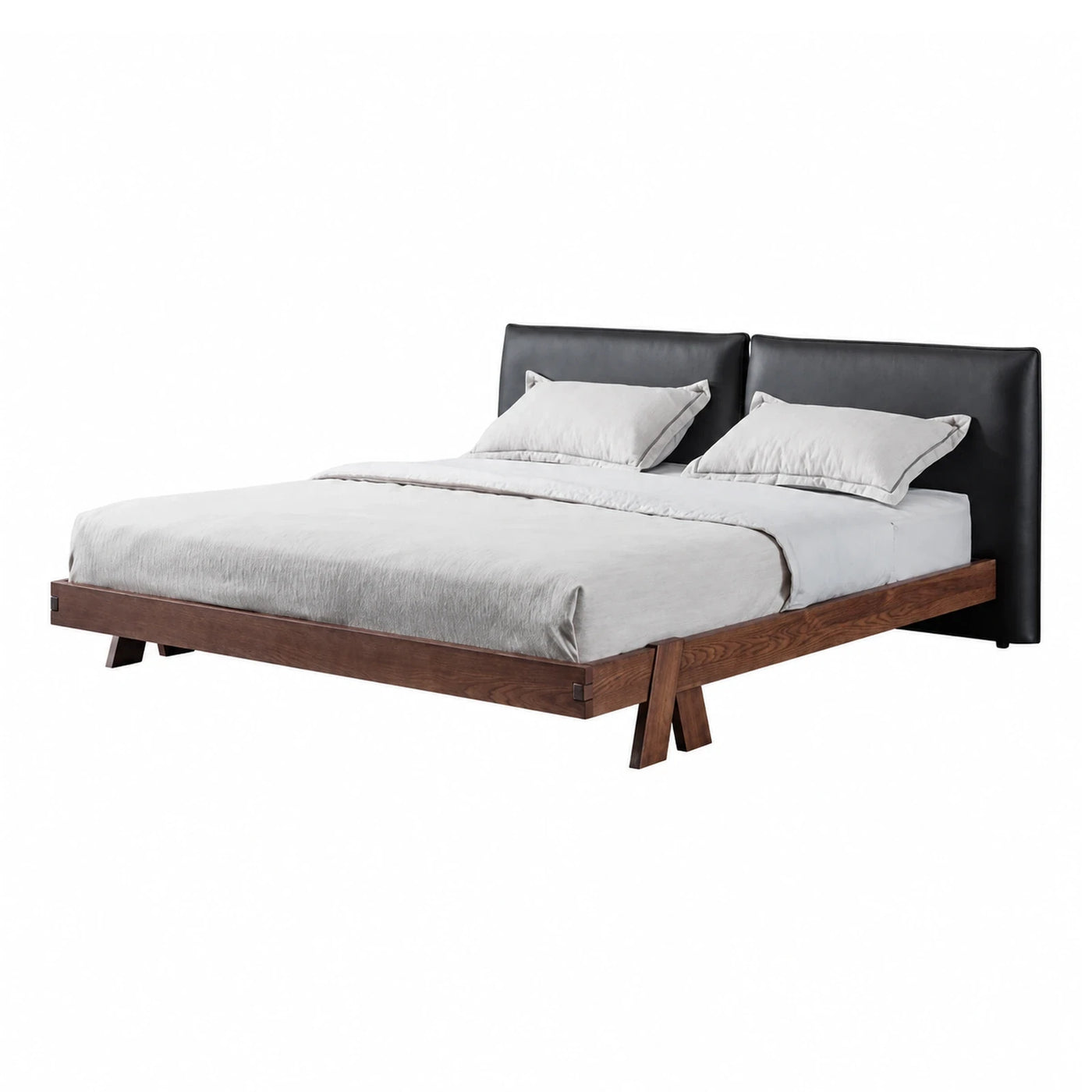 Modern Walnut Wood Platform Bed with Black Leather Headboard