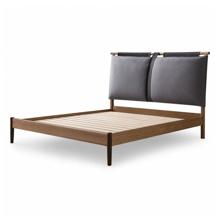 Modern Walnut Wood Bed with Leather Headboard