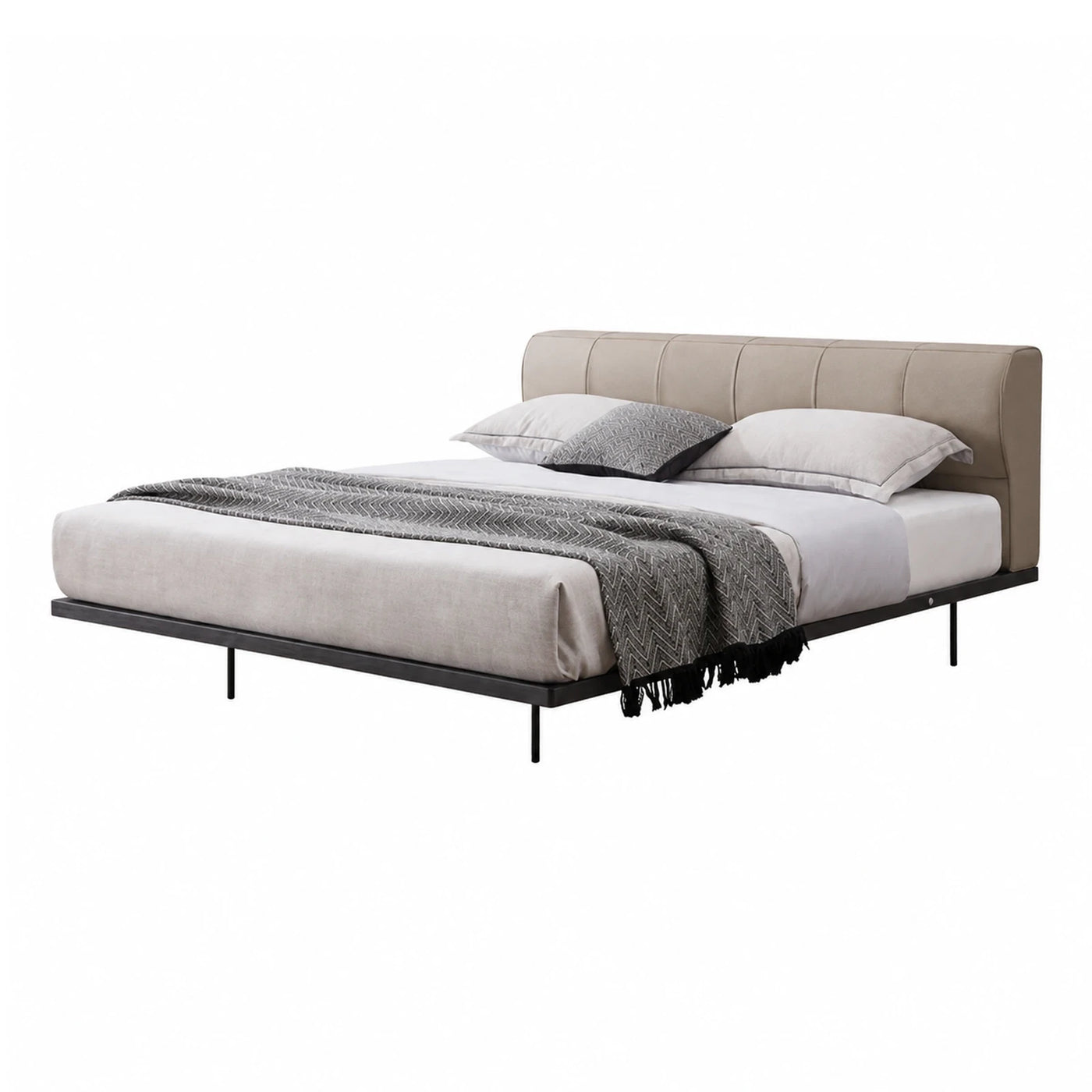 Beige Upholstered Platform Bed with Black Metal Frame