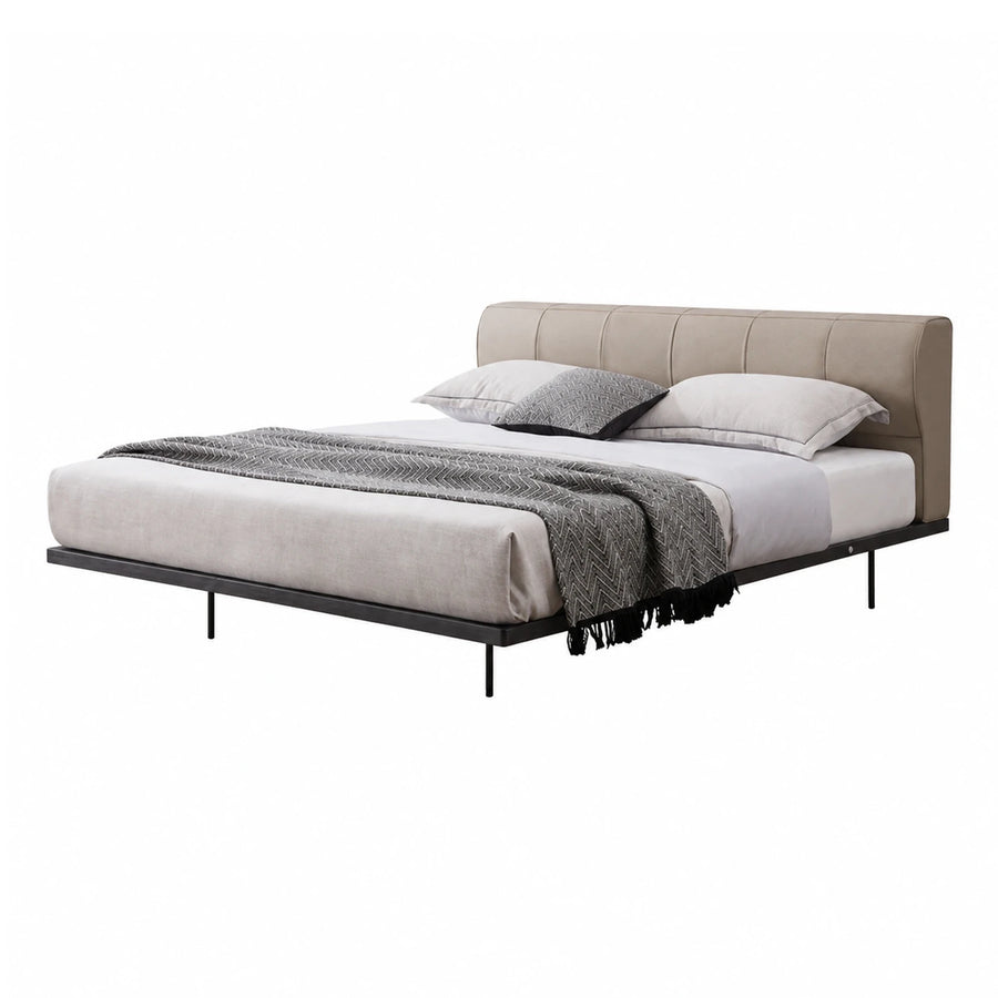 Beige Upholstered Platform Bed with Black Metal Frame